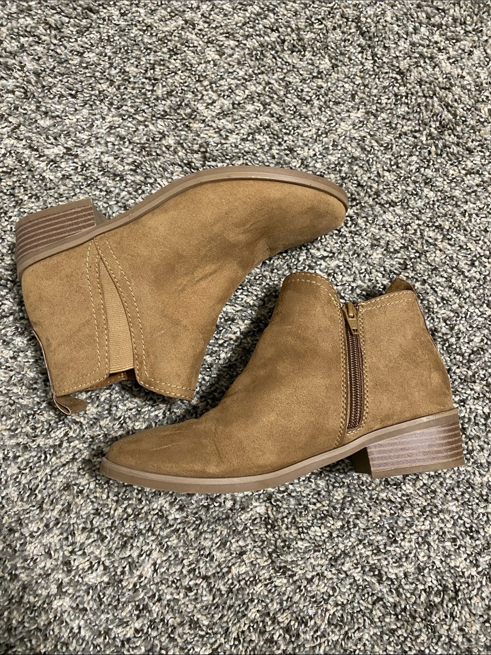 Time and Tru Tan Faux Suede Ankle Booties with Side Zip